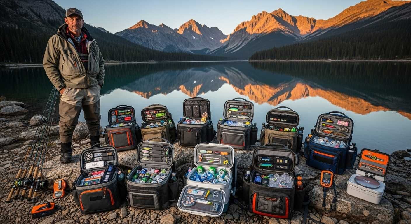 Professional fishing guide Marcus Rivera with 10 tested fishing backpacks with coolers during 2-year field testing study