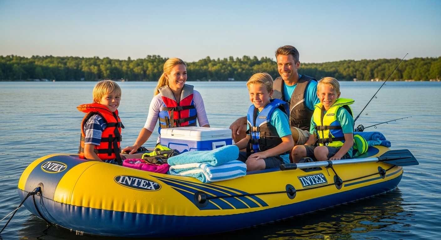 Family of five wearing life jackets enjoying safe boating in yellow inflatable boat on calm lake - best family boats tested by marine safety expert