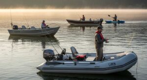 Multiple small fishing boats tested on lake - inflatable, aluminum, and kayak styles shown during real fishing conditions