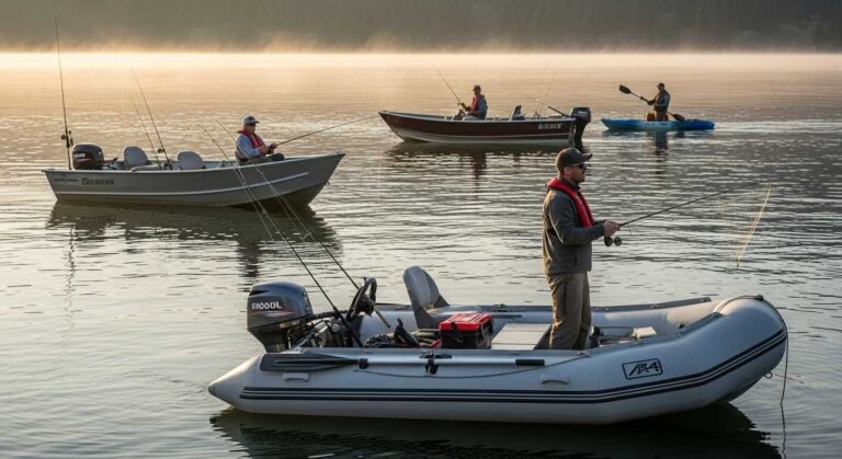 Multiple small fishing boats tested on lake - inflatable, aluminum, and kayak styles shown during real fishing conditions