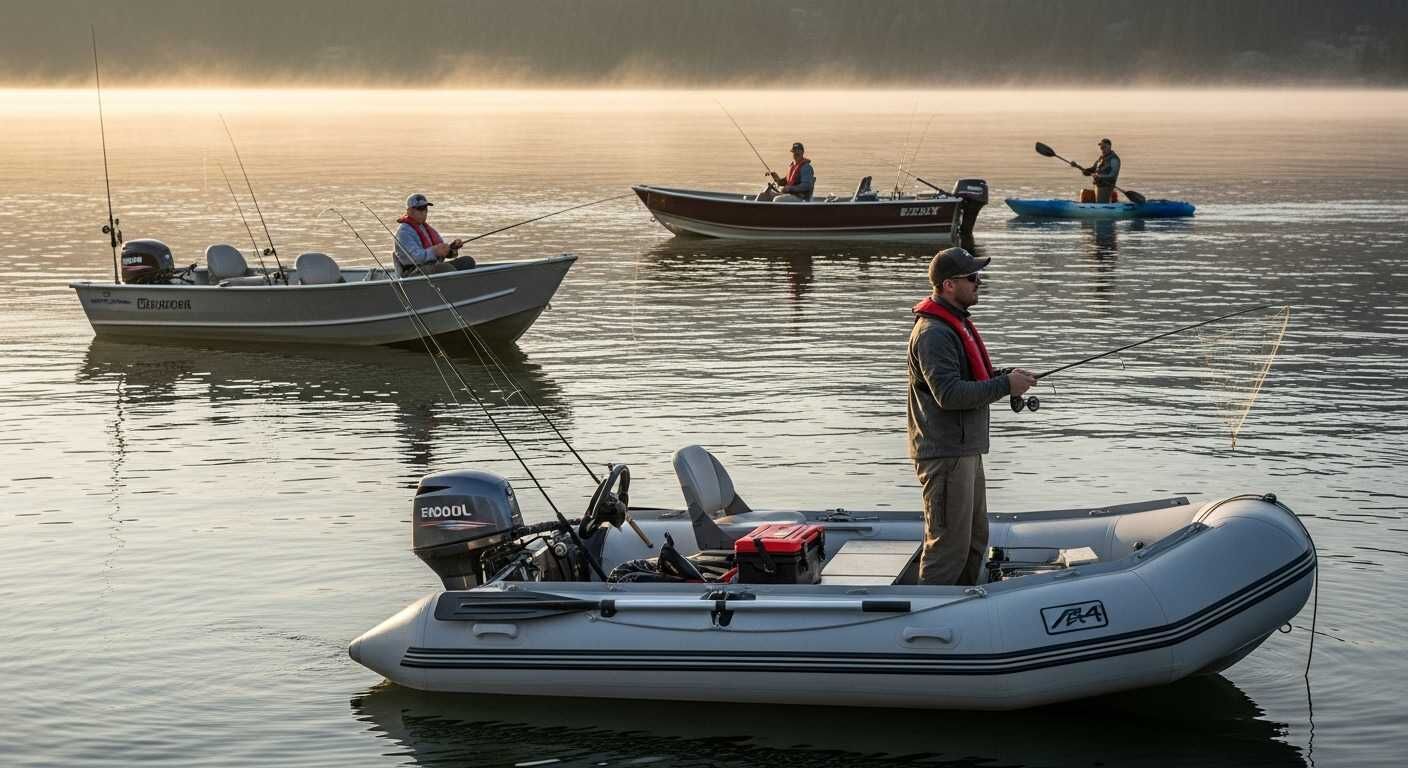 Multiple small fishing boats tested on lake - inflatable, aluminum, and kayak styles shown during real fishing conditions