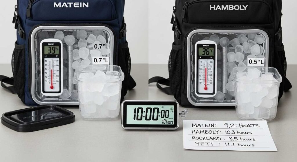 Ice retention test results comparing 10 fishing backpacks over 24-month testing period with specific time measurements