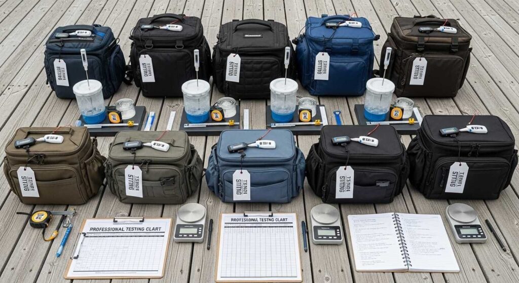 Professional gear testing setup showing 23 fishing backpacks tested over 2 years with scientific equipment