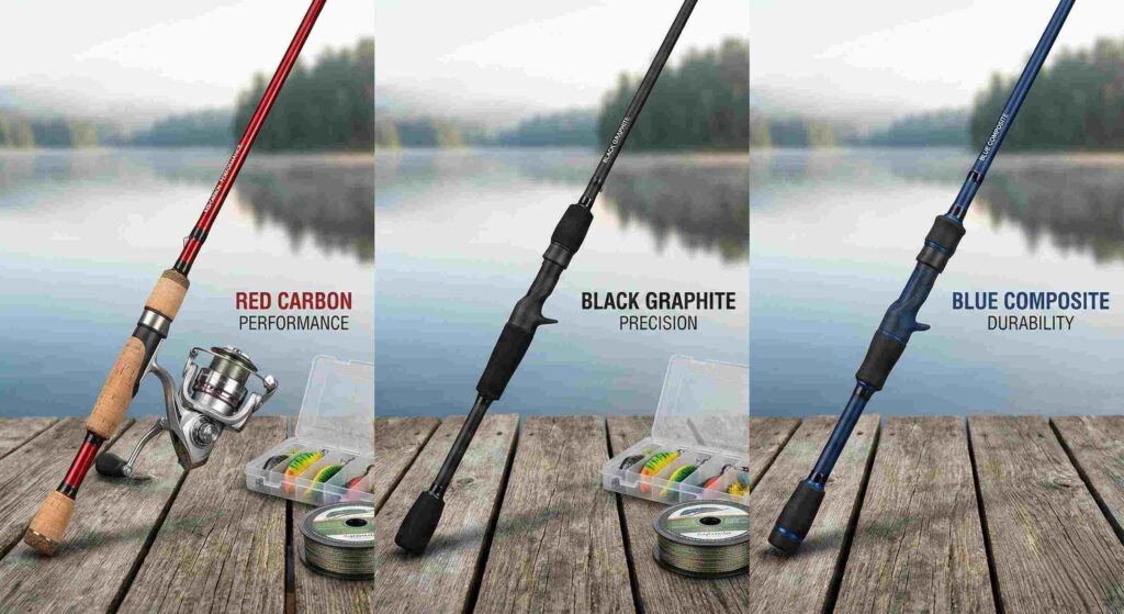 Collage of the top 3 spinning rods from the lineup displayed on a dock with fishing gear