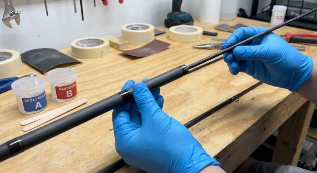 Carbon fiber repair sleeve being inserted into broken rod blank with hands applying epoxy