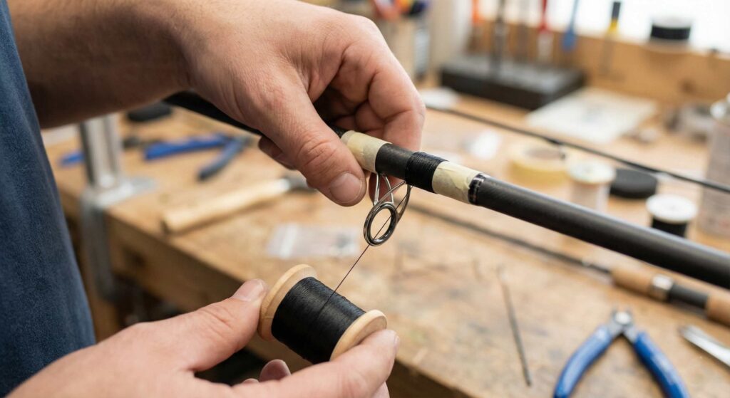 Hands wrapping black thread around rod guide with thread spool visible and guide secured to blank