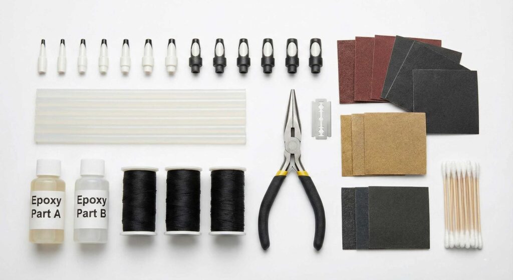 Organized fishing rod repair kit showing rod tips, glue sticks, epoxy, thread, pliers, and tools on clean workbench